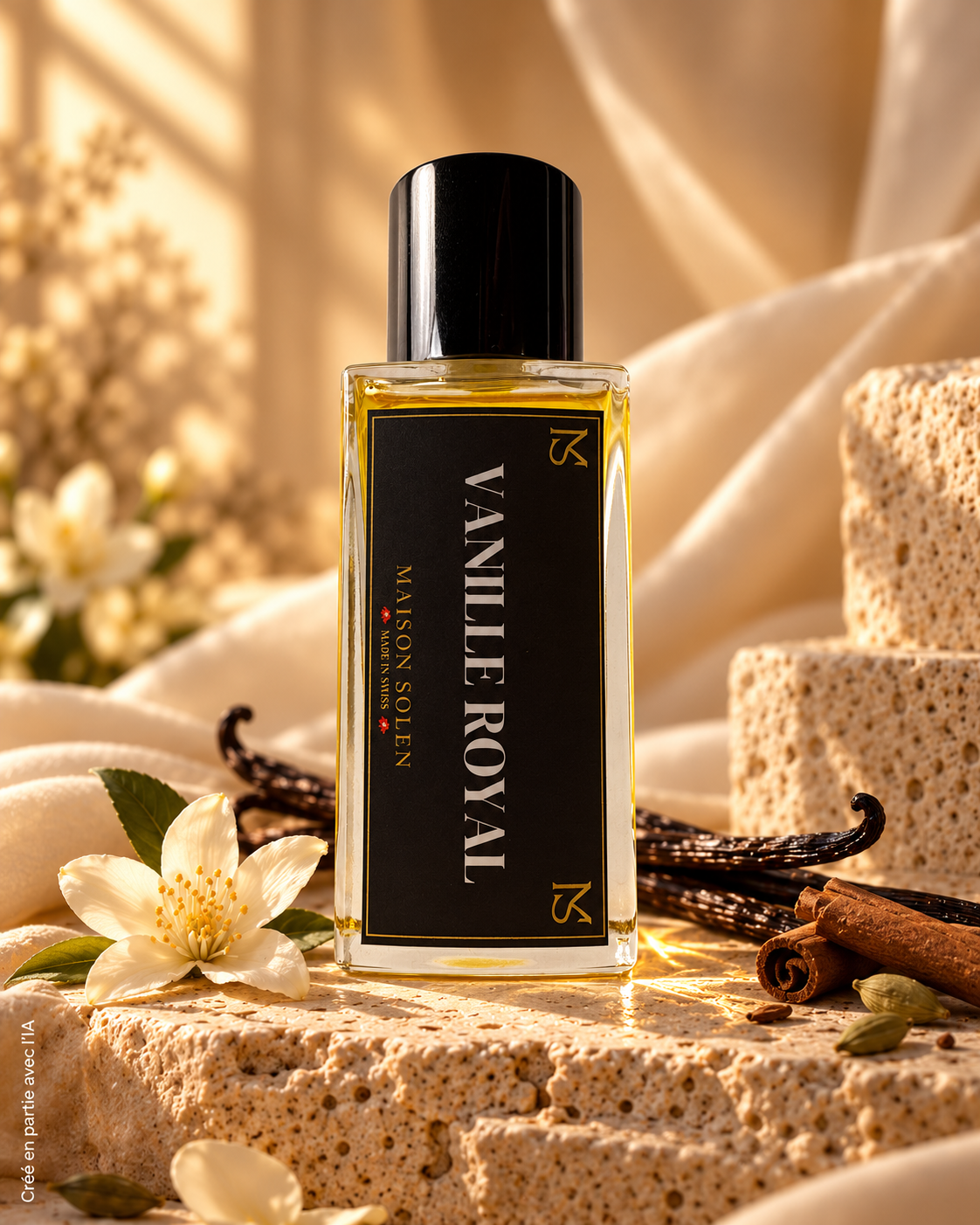 Vanille Royal – Maison Solen, vanille et épices sur fond doré. Créé en partie avec l’IA.