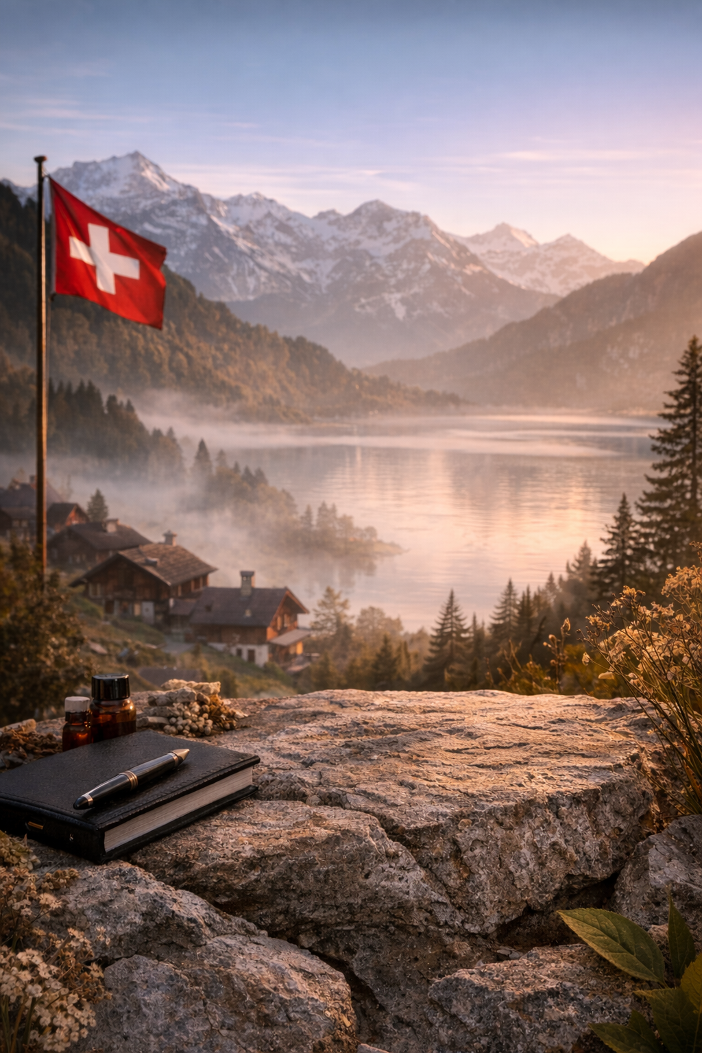 Schweizer Flagge vor dem Alpenpanorama